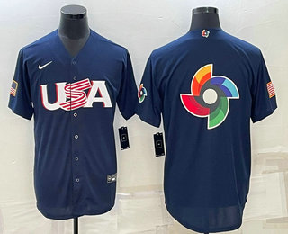 Men's USA Baseball Blank 2023 Navy World Baseball Big Logo Classic Stitched Jerseys,We sell and wholesale Men's USA Baseball Blank 2023 Navy World Baseball Big Logo Classic Stitched Jerseys on line form chian!